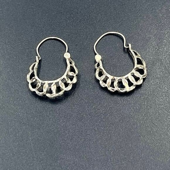Sterling Silver Basket Weave Diamond Cut Crescent Shaped Filigree Hoop Earrings - Picture 9 of 9